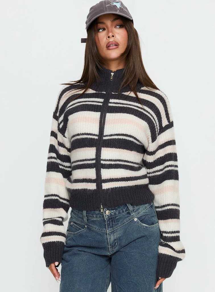 Tetra Zip Through Knit Sweater Pink Stripe | Princess Polly US