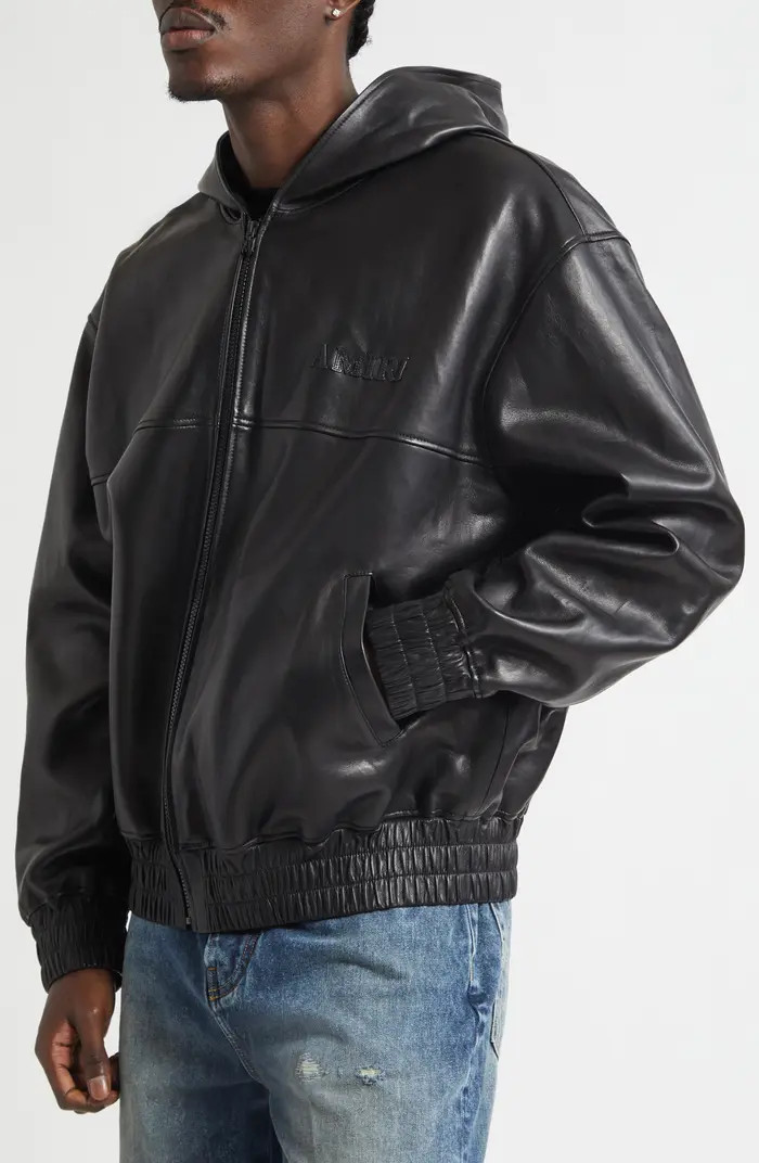 Oversize Hooded Lambskin Leather Zip Jacket | Nordstrom