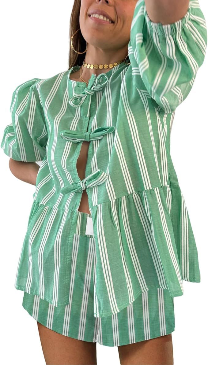 Winioder Women Y2K Striped 2 Piece Lounge Sets Puff Sleeve Tie Front Tops and Shorts Sets Summer ... | Amazon (US)