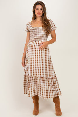 Cream Plaid Smocked Puff Sleeve Tiered Maternity Midi Dress | PinkBlush Maternity