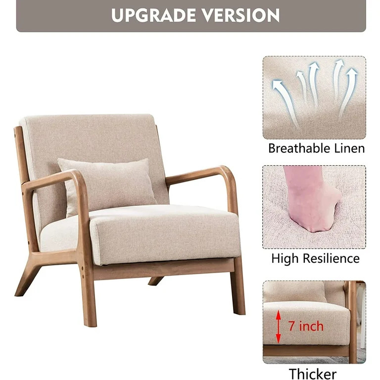 Bonzy Home Mid Century Modern Accent Chair, Single Fabric Lounge Reading Armchair with Solid Wood... | Walmart (US)