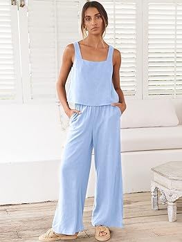 ANRABESS Women's 2 Piece Outfits Linen Pants Jumpsuit Matching Lounge Set Casual Summer Beach Vac... | Amazon (US)