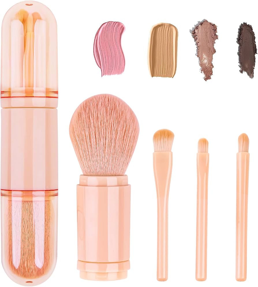 Small Makeup Brush Set Pink - 4 in 1 Portable Travel Lip Brush, Highlight Brush, Eyeshadow Brush,... | Amazon (US)