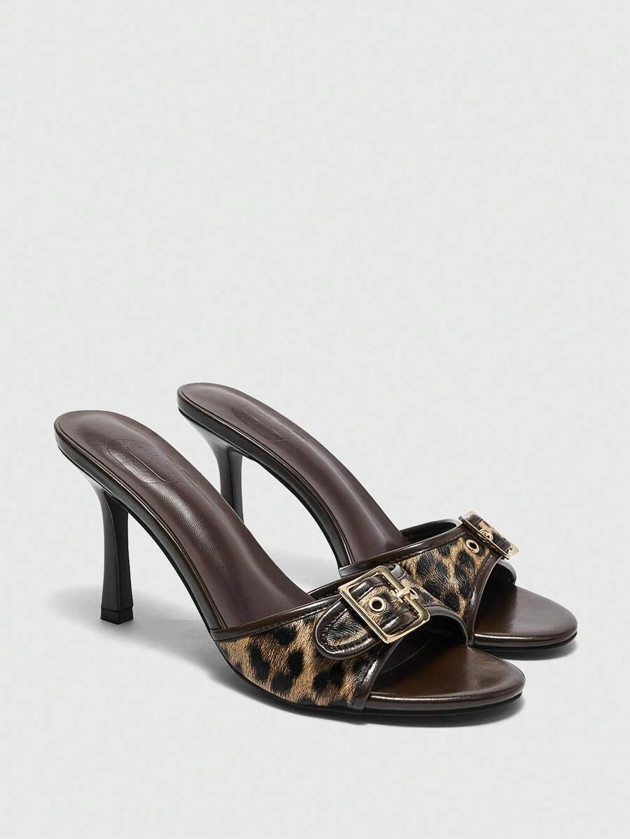 CUCCOO BIZCHIC Women's Brown Leopard Print & Gold Buckle Decor Retro Round Toe Comfortable High H... | SHEIN