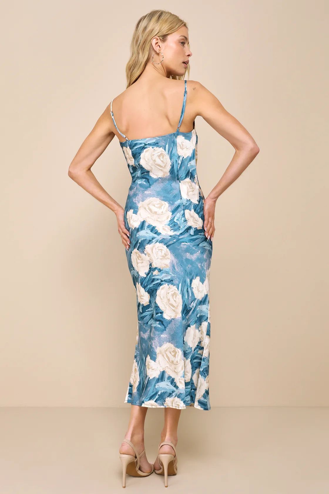 Endlessly Effortless Blue Floral Abstract Satin Slip Midi Dress | Lulus