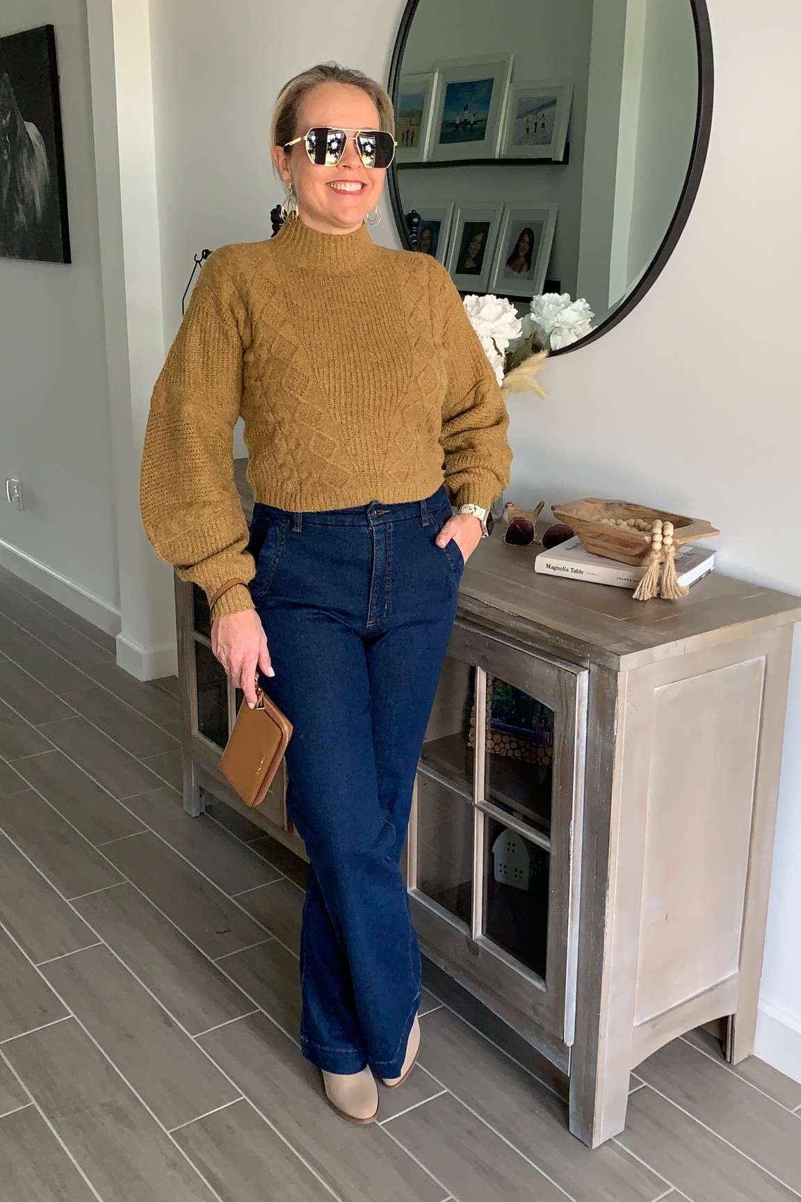 Sofia Vergara flared trouser jeans with Scoop cable knit sweater. #walmart 

#LTKSeasonal #LTKstyletip