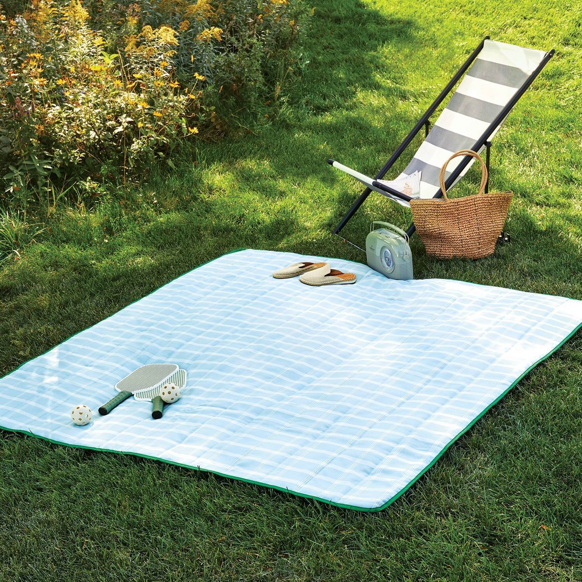 72"x72" Checkered Plaid Picnic Blanket Cream/Light Blue/Green - Hearth & Hand™ with Magnolia | Target