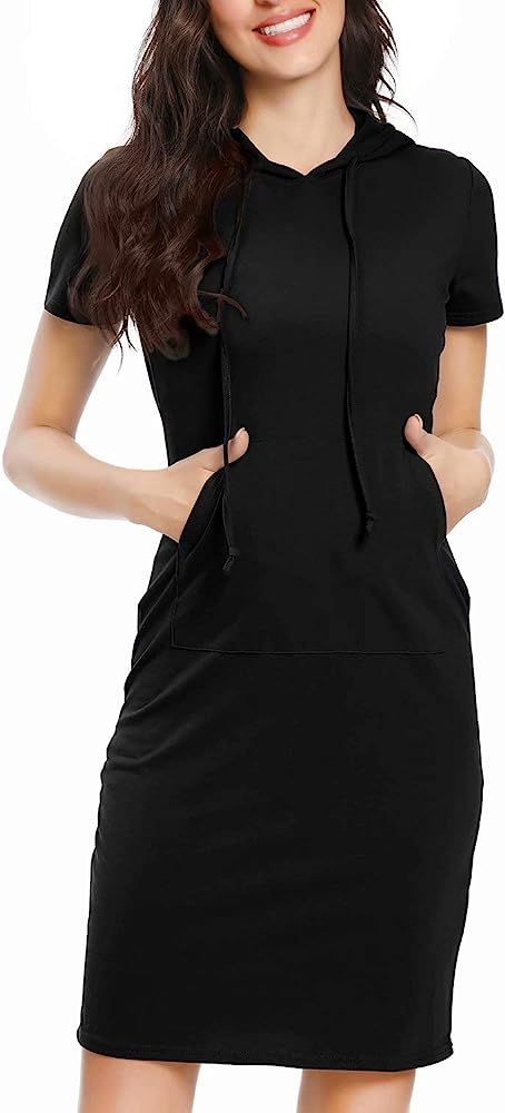 QUALFORT Womens Hoodie Dress Short Sleeve Pockets Casual Pullover Hooded Dress | Amazon (US)