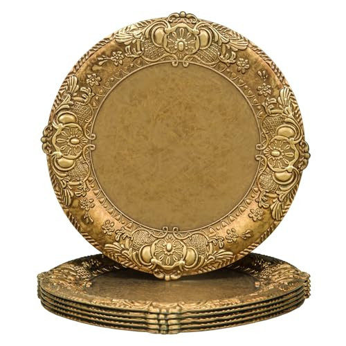 MAONAME 13" Antique Gold Charger Plates, Plate Chargers with Embossed Rim, Round Plastic Charger Plates for Wedding, Table Decor, Set of 6 | Amazon (US)