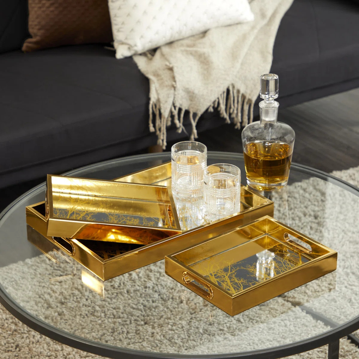 Gouse Plastic Mirrored Geometric Decor Gold Tray Set | Wayfair North America