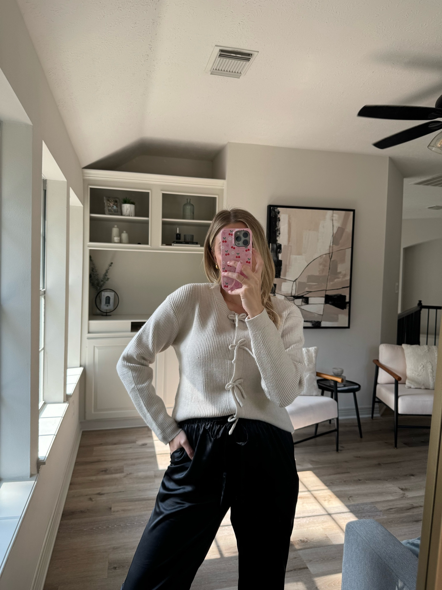 Cozy bow sweater for fall and winter! It has snap closure btw! Wearing a size S in sweater and M in satin pants (bump friendly!) 

#LTKFindsUnder50 #LTKBump #LTKStyleTip