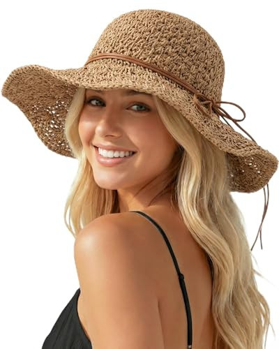 Beach Sun Hats for Women, Floppy Straw Hats for Women, Wide Brim Beach Straw Bucket Hat Packable Womens Sun Hat UPF 50+ UV Protection, Foldable Summer Hats Roll Up, Khaki | Amazon (US)