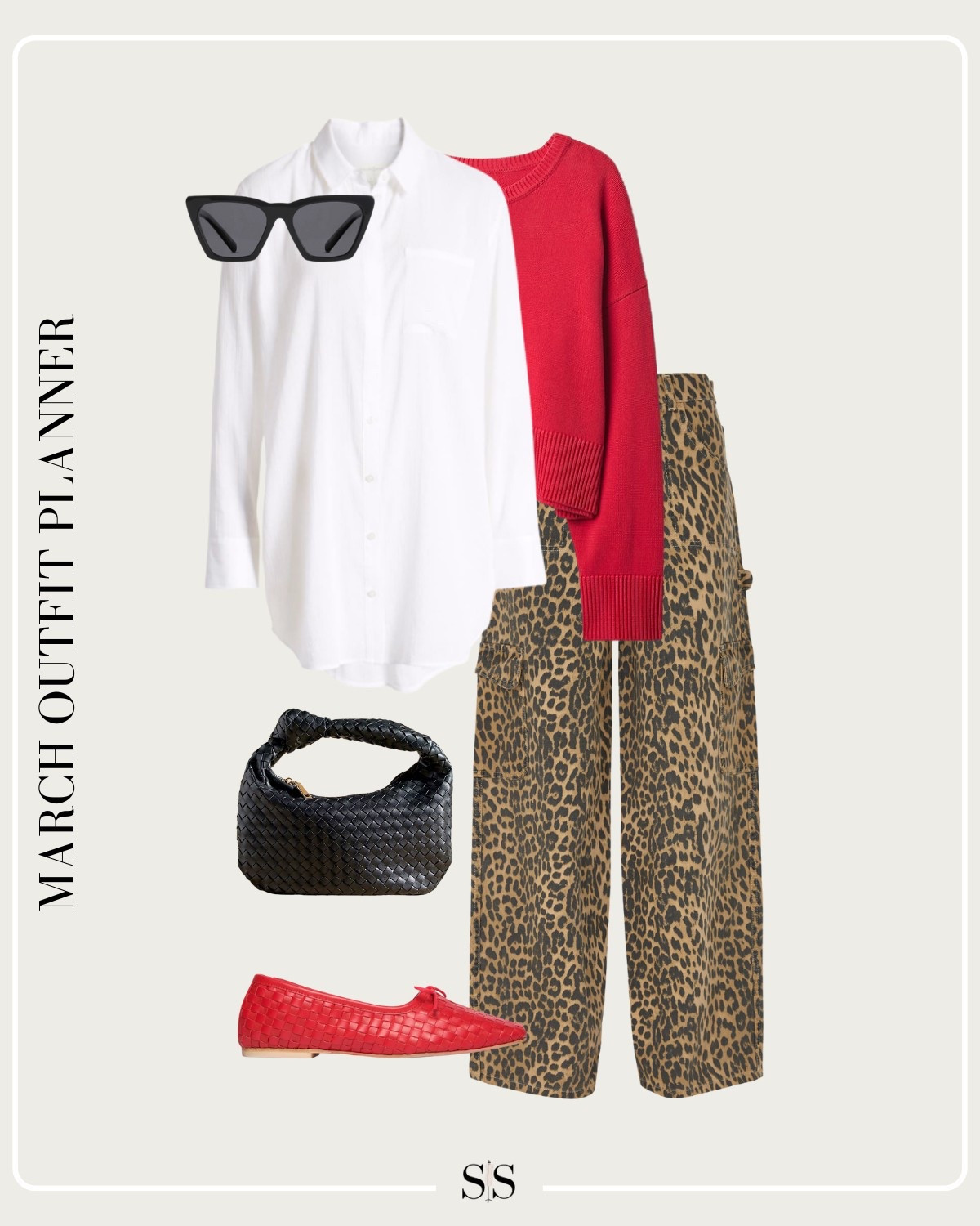 Monthly outfit planner MARCH: Winter to Spring transitional looks | leopard cargo jean, red sweater, oversized button down, red ballet flats, woven handbag 

#springoutfit 


#LTKStyleTip