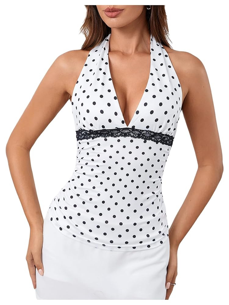 SOLY HUX Women's Polka Dots Halter Tops Y2k Lace Trim Deep V Neck Ruched Sleeveless Backless Goin... | Amazon (US)