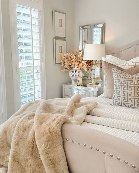 Fall bedroom styling with The Home Depot on the blog today! 🍂 cozy layers and warm tones 🤎 #ad #thehomedepot @homedepot

Bedroom decor, upholstered bed with footboard, velvet pillows, Greek key pillow Cover , Taupe throw, mirrored nightstand cabinet white ginger jars , neutral bedroom, neutral
Decor, glam bedroom guest room refresh 

#LTKstyletip #LTKhome #LTKsalealert