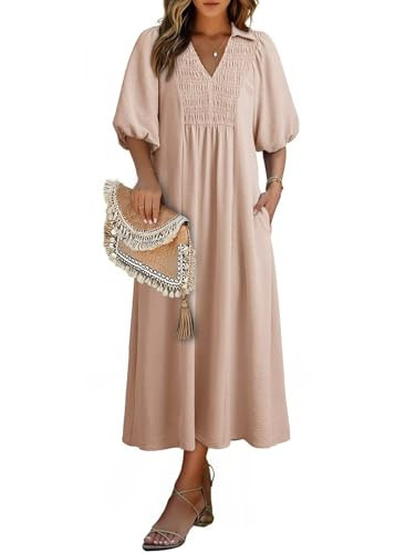 Dokotoo Womens 2026 Casual Dresses V Neck Short Sleeve Empire Waist A-Line Long Dresses for Women Summerl Clothes Oatmeal Small | Amazon (US)