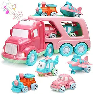 Carrier Car Toy Set(5 in 1) with Lights and Sounds, Pink Toy for Girl Toddler Kid, Friction Power... | Amazon (US)
