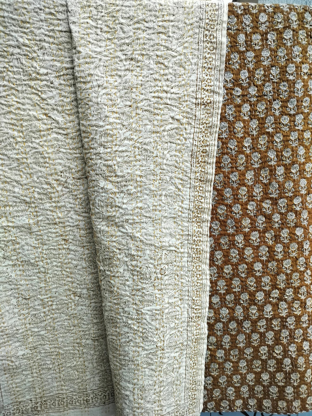 Brown Color Indian Kantha Quilt Reversible Kantha Throw Hand Block Print Indian Bedspread Queen K... | Etsy (US)