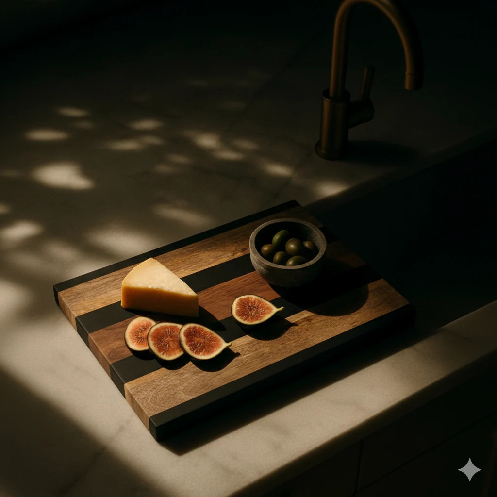 Carver Wood + Black Striped Board | Pepper + Vetiver