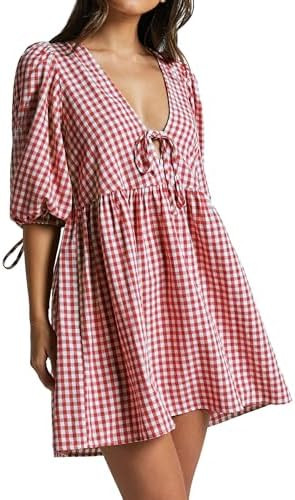 Women's Gingham Puff Sleeve Tie Front Babydoll Mini Dress | Amazon (US)