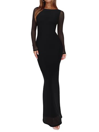 REORIA Women's Spring Mesh Sheer Long Sleeve Wedding Guest Dress Sexy Floral Bodycon Maxi Long Dresses Black Onyx Small | Amazon (US)