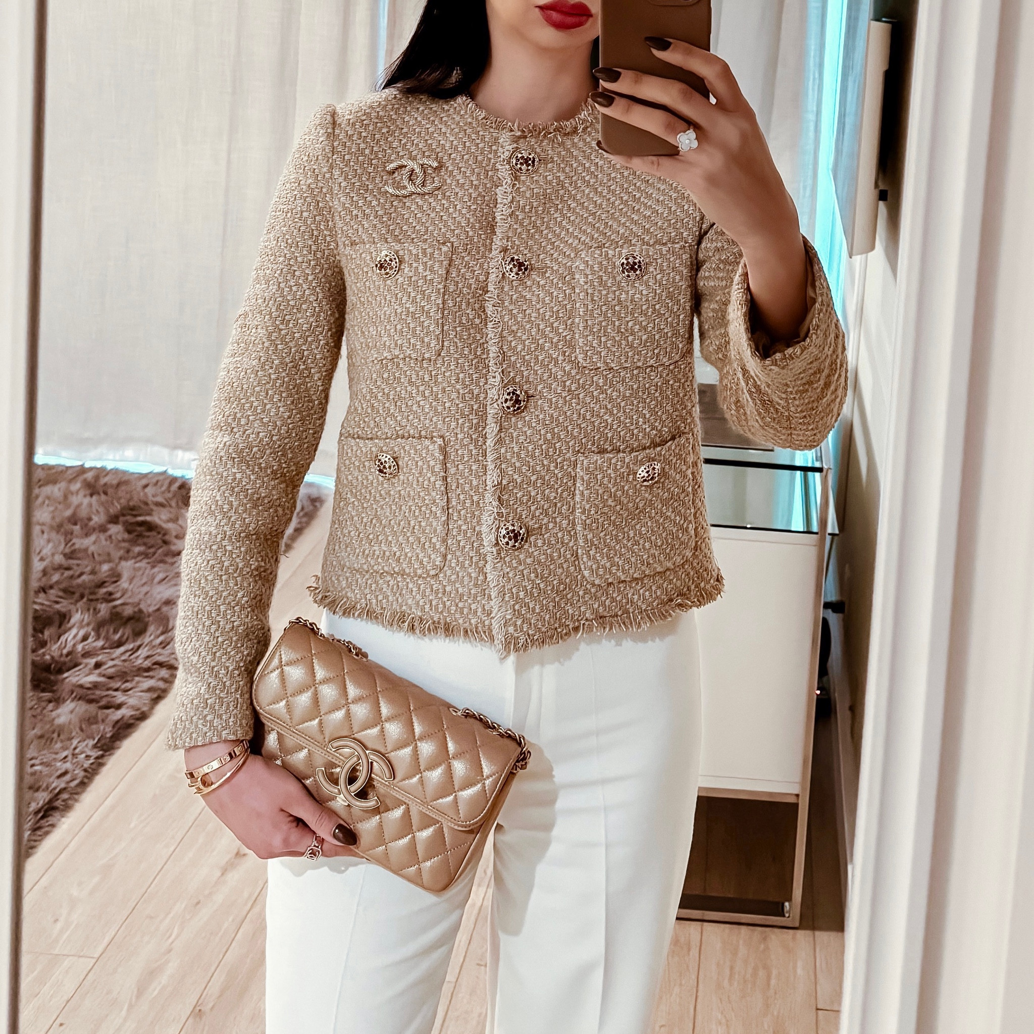 Elevate your style with a beige tweed jacket and cream pants for a classy and sophisticated look. 

I am wearing size M in the jacket and size 36 (S) in pants.

#LTKstyletip #LTKHoliday #LTKCyberWeek