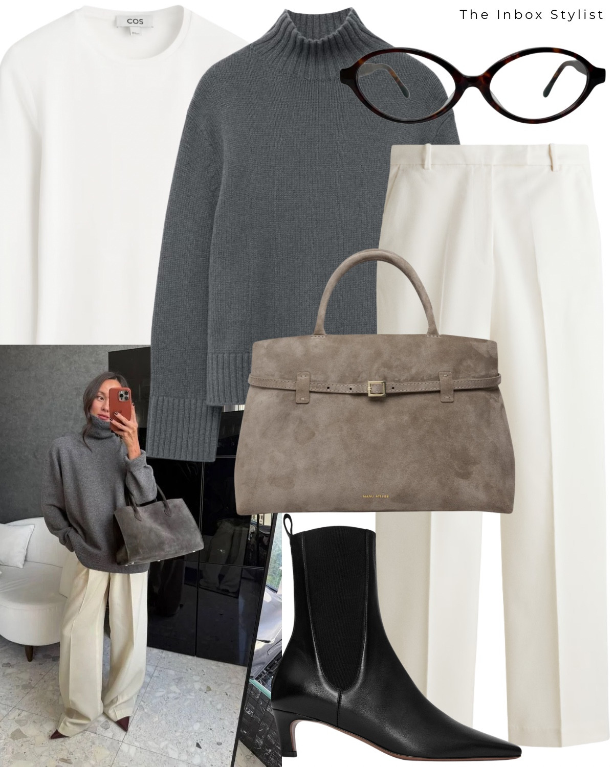 The perfect Winter workwear look for the office ❄️

Including grey funnel neck jumper, white tailored trousers, grey suede handbag, blue light glasses, white long sleeve top, heeled ankle boots  

#LTKworkwear #LTKstyletip #LTKwinter
