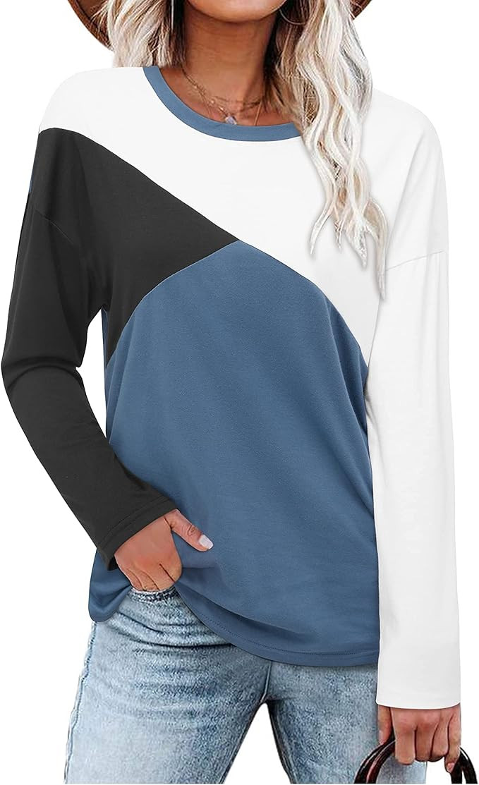 STYLEWORD Womens Long Sleeve Color Block Shirt Casual Crew Neck Top Loose Tee Shirts | Amazon (US)