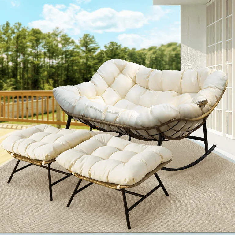 RADIATA 2-Person Patio Rocking Papasan Chair with Ottoman, Oversized Double Egg Loveseat with Cus... | Walmart (US)