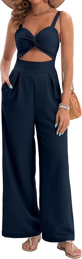 Womens Summer Jumpsuits Dressy Sexy V Neck Twist One Piece Outfits Sleeveless Casual Wide Leg Lon... | Amazon (US)