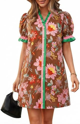 Wenrine Womens Summer Mini Dresses Casual Floral Puff Short Sleeve V Neck Button Down Ruffle Beac... | Amazon (US)