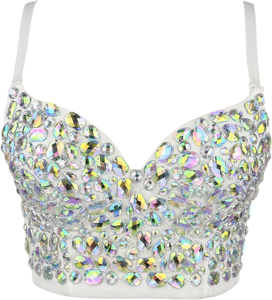 Women's Bustier Crop Top Mesh Corset Top Push up Rhinestone Diamond Bra Club Party Vest | Amazon (US)