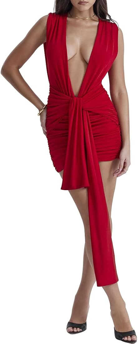 SHESEEWORLD Women's Sexy Sleeveless Deep V Neck Tie Waist Draped Bodycon Ruched Party Mini Cockta... | Amazon (US)