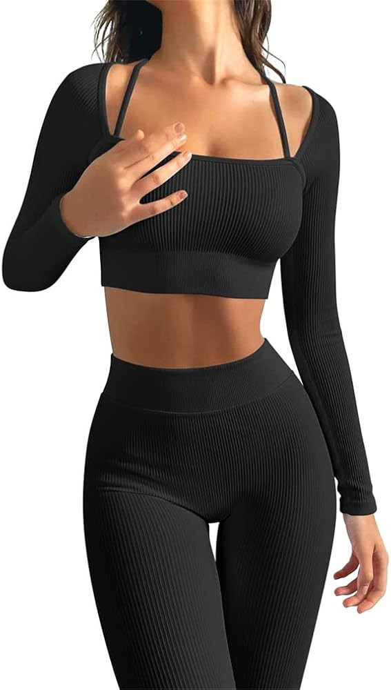 OQQ Yoga Outfits for Women 2 Piece Seamless Ribbed Workout High Waist Leggings with Crop Top Exercis | Amazon (US)