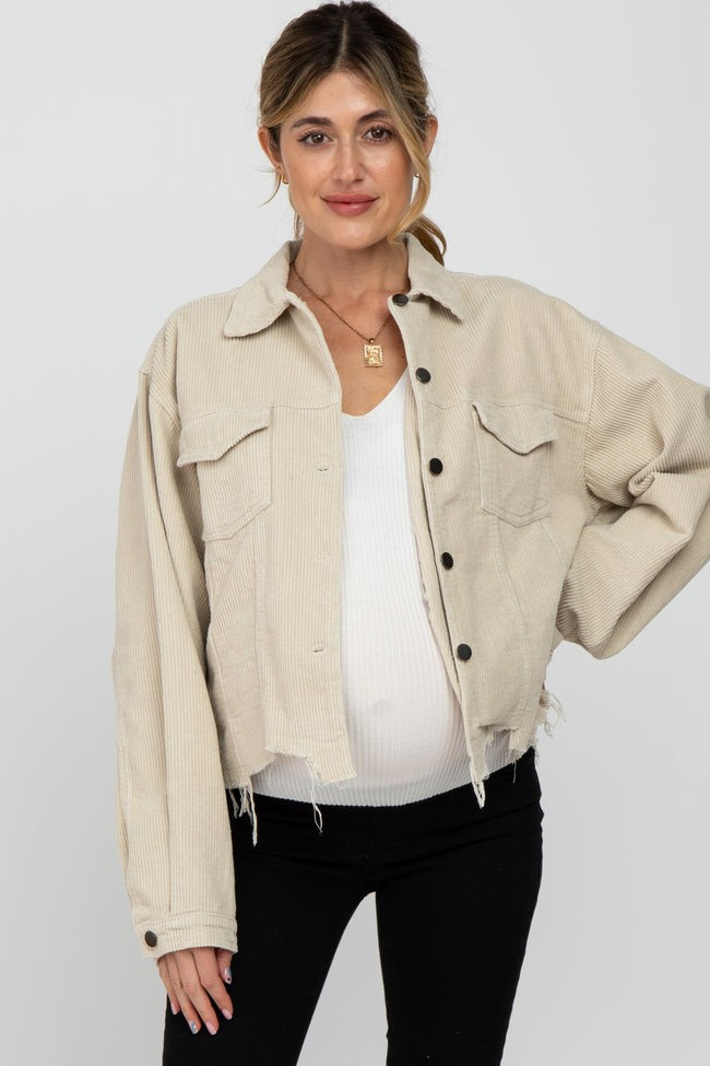 Beige Corduroy Distressed Hem Cropped Maternity Jacket | PinkBlush Maternity
