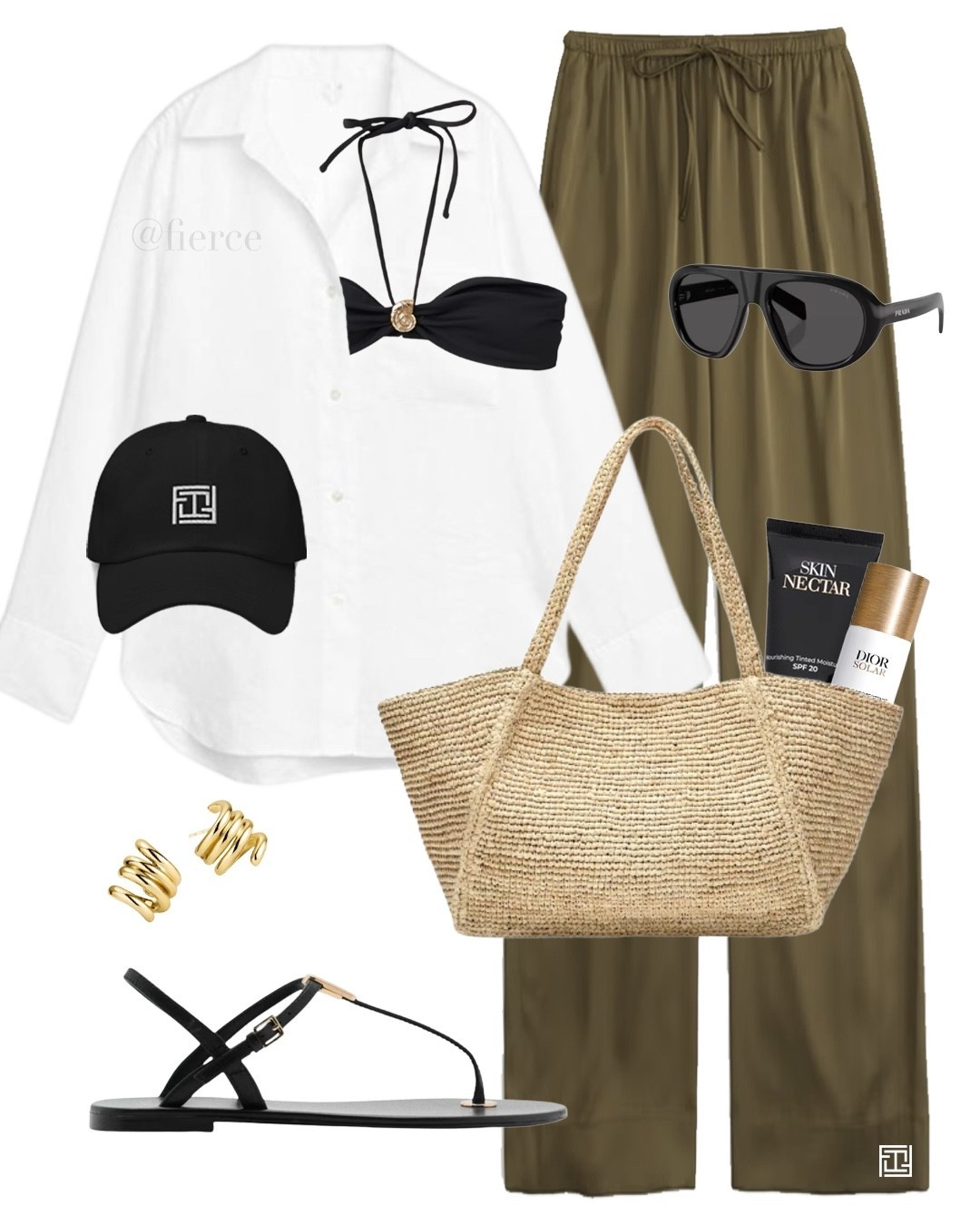 Green satin trousers white linen shirt raffia tote bag black thong sandals vacation beach holiday outfit 

#LTKuk #LTKtravel #LTKswimwear