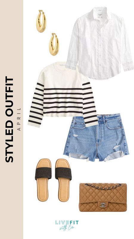 Channel those effortless April vibes with this chic, laid-back ensemble. A classic white button-down paired with distressed denim shorts creates the perfect canvas for timeless style. Layer on a striped sweater for those breezy days, and complete the look with sleek slides and statement gold hoops. It's a look that says casual sophistication with a touch of playfulness. #SpringStyle #CasualChic #DenimDays #StripesandDenim #StyledOutfit #OOTD #LiveFitWithEm

#LTKstyletip #LTKSeasonal #LTKfindsunder100