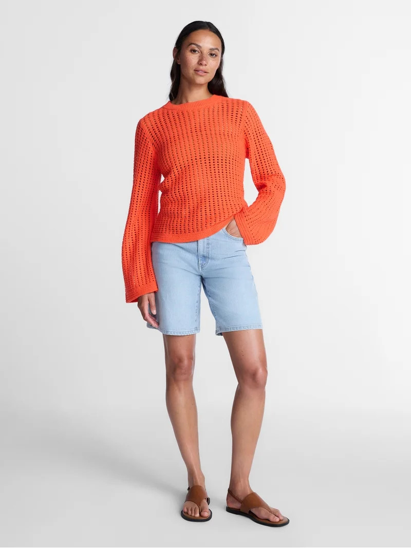 Time and Tru Women\u2019s Textured Cotton Sweater with Long Sleeves, Lightweight, Sizes XS-XXXL | Walmart (US)