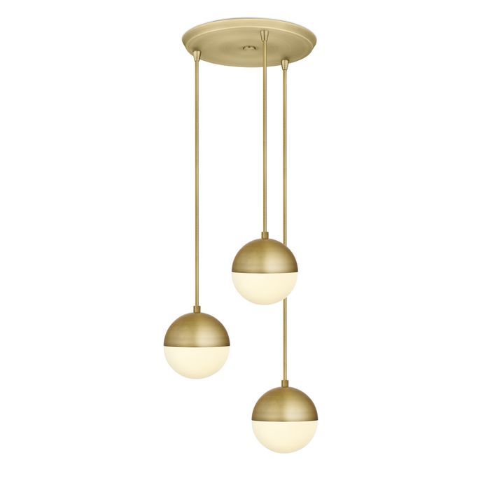 3 Powell LED 7" Globe Pendants and 3-Light Round Canopy, Aged Brass | Lights.com