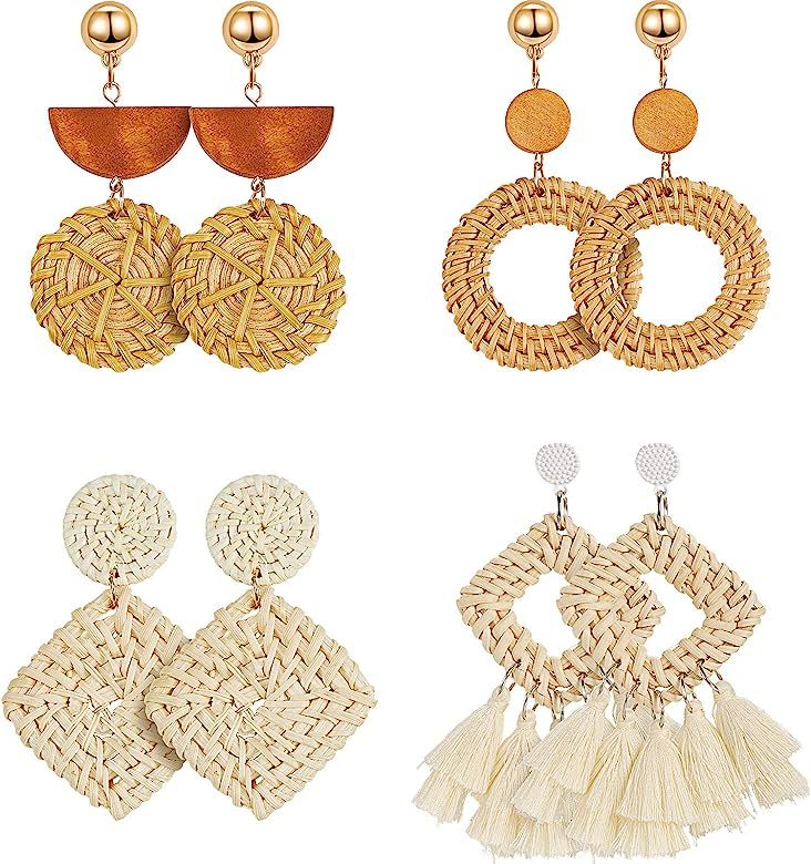 4 Pairs Rattan Earrings Geometric Statement Woven Straw Tassel Earrings Handmade Bohemian Braid H... | Amazon (US)