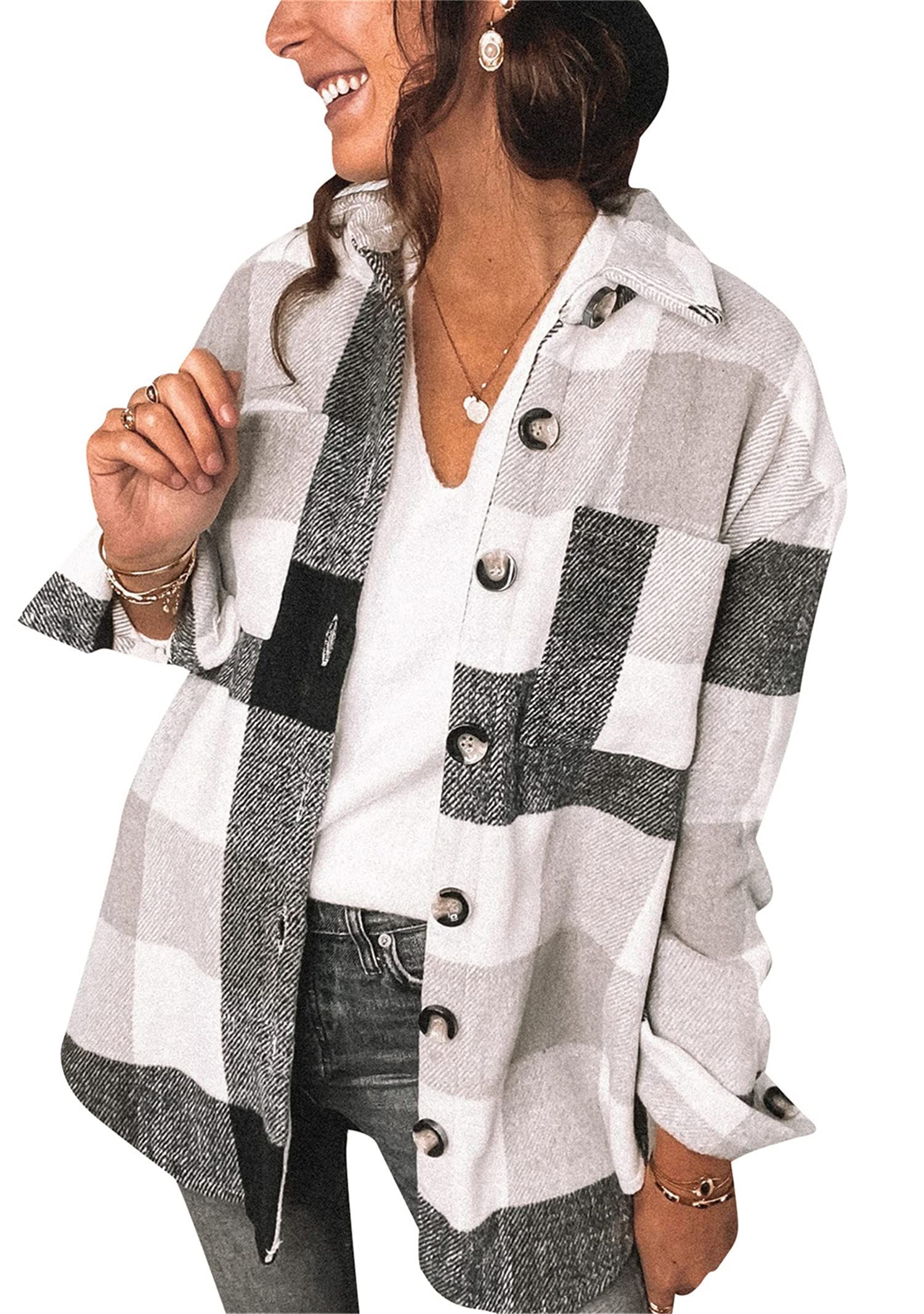 YMING Womens Color Block Plaid Shirts Button Down Flannel Cardigans Long Sleeve Pockets Blouse Tops | Amazon (US)