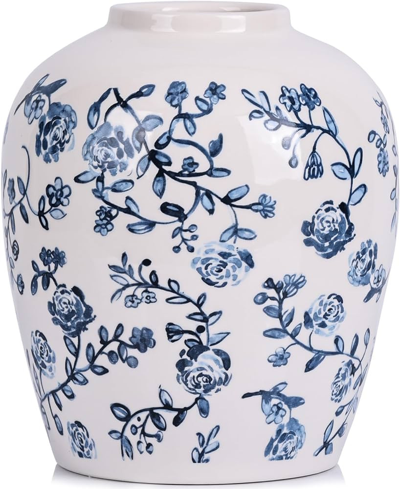 Blue and White Vase Vintage Ceramic Flower Vase, Chinoiserie Blue and White Floral Vase Dining Ta... | Amazon (US)