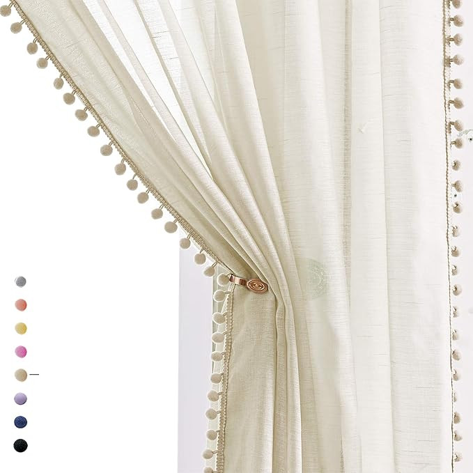 Treatmentex Pom-Pom Linen Sheer Curtains for Office Outdoor Curtains Bedroom Window Drapes 108 in... | Amazon (US)