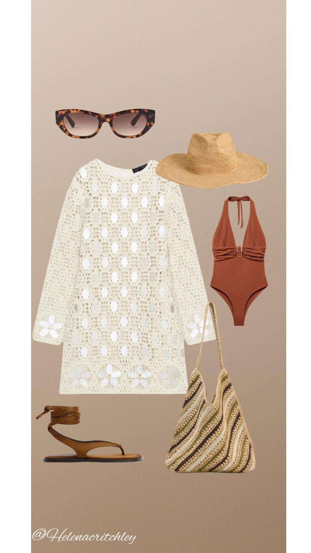 Holiday Outfit! 

White crochet cover up, Brown halterneck swimsuit, Straw sun hat, Crochet beach dress, Beach club look, Holiday swimwear styling, Neutral beachwear 

 #LTKuk #LTKsummer #LTKtravel