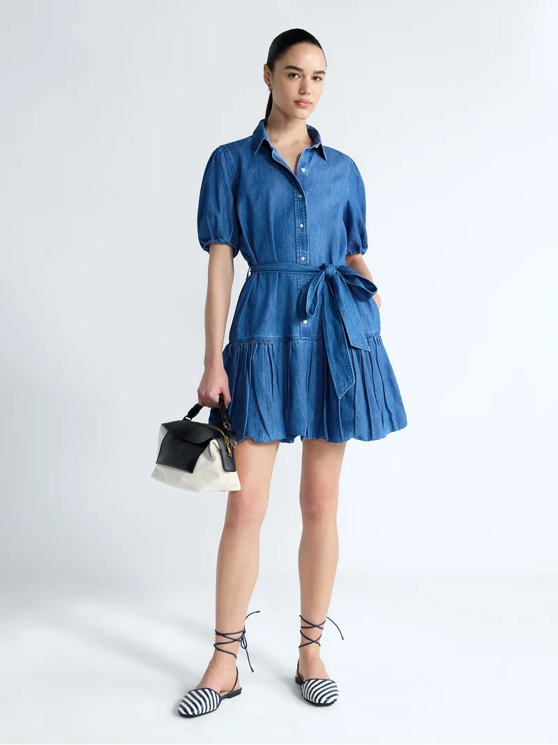 Free Assembly Women's and Women's Plus Denim Mini Dress with Puff Sleeves, Sizes XS-4X | Walmart (US)