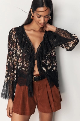 By Anthropologie Sheer Ruffled Lace Blouse | Anthropologie (US)