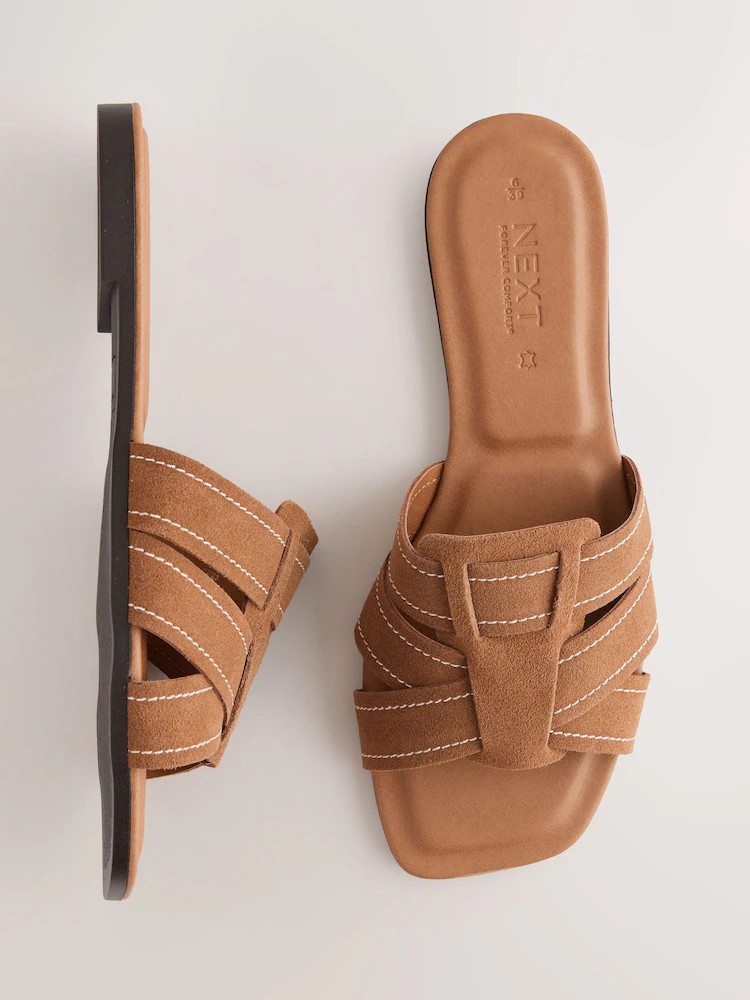 Tan Brown Suede Standard/Wide Fit Forever Comfort\u00ae Stitched Mule Sandals | Next EU