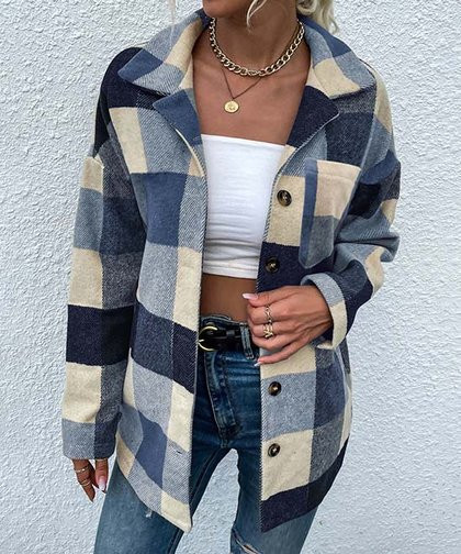 La Mode | Navy & Blue Plaid Single-Pocket Shacket - Women | Zulily