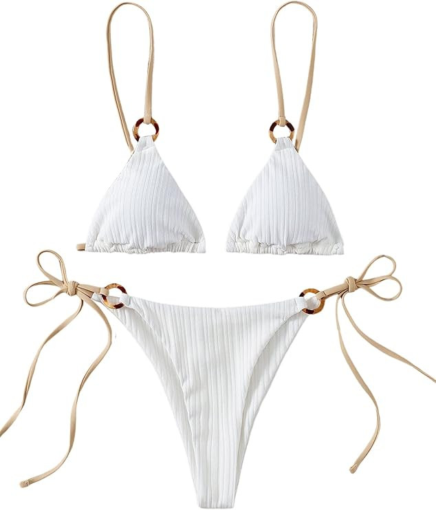 SheIn Women's 2 Pieces Swimsuit Tie Side Swimwear Triangle Bikini Sets Thong Bathing Suit | Amazon (US)