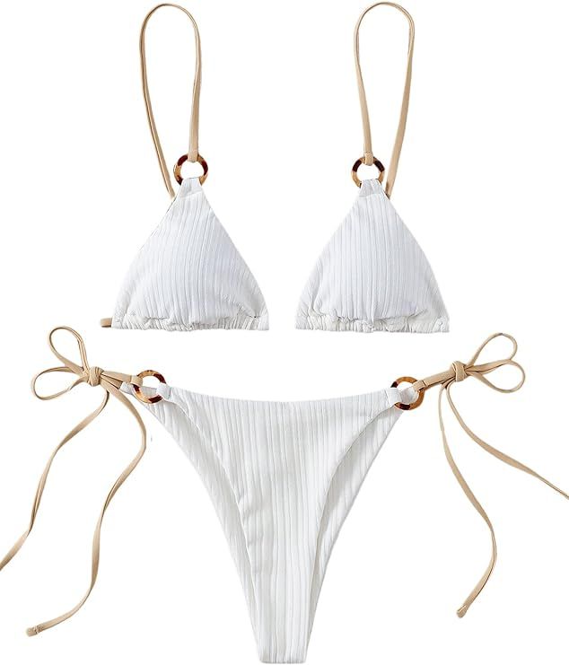SheIn Women's 2 Pieces Swimsuit Tie Side Swimwear Triangle Bikini Sets Thong Bathing Suit | Amazon (US)